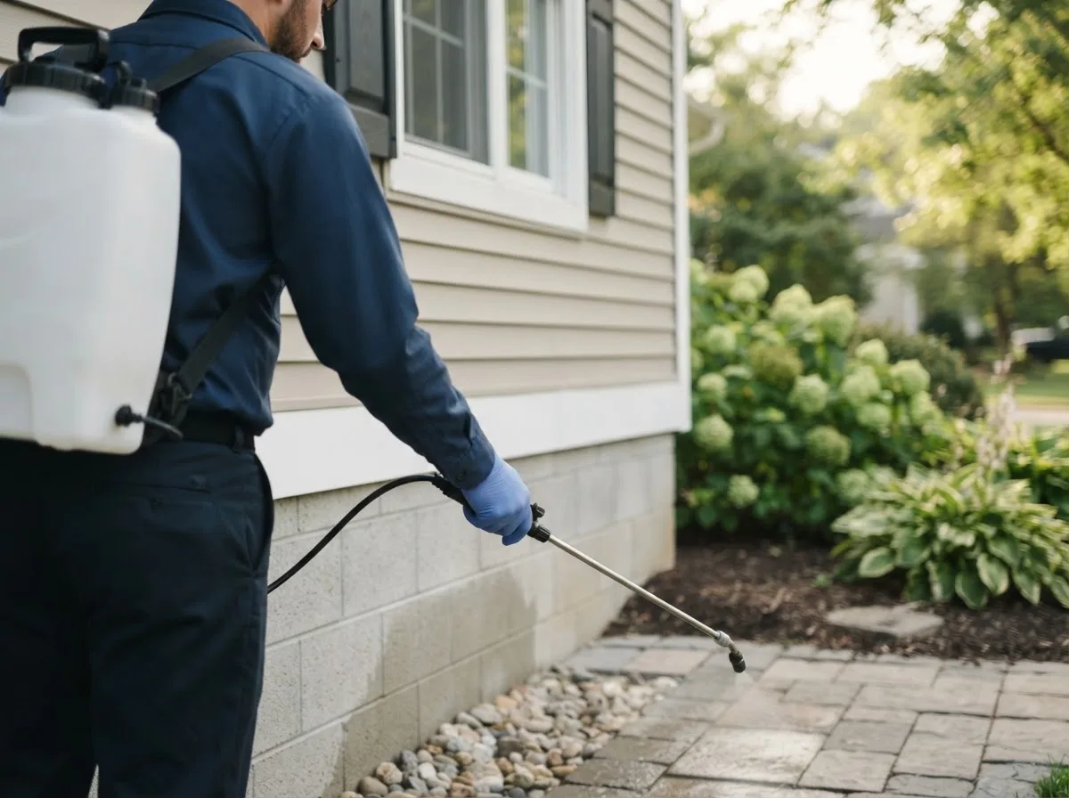 Pest control technician inspecting a home in Calamus, IA